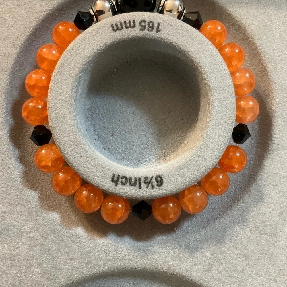 Hand Crafted Bracelet Beaded Stretch Orange Black Silver Stainless Steel